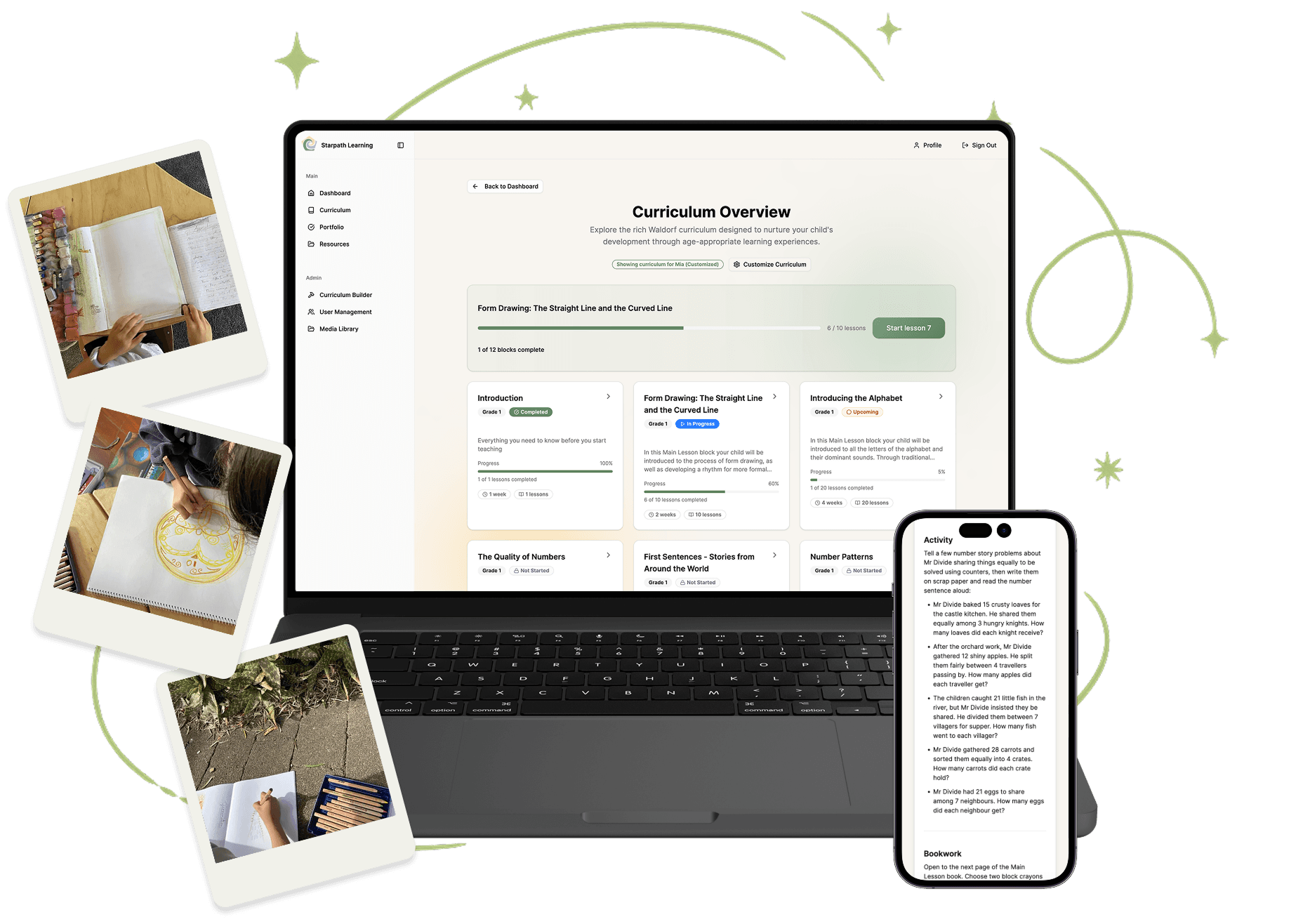 Waldorf-Inspired curriculum dashboard showing daily lesson plans